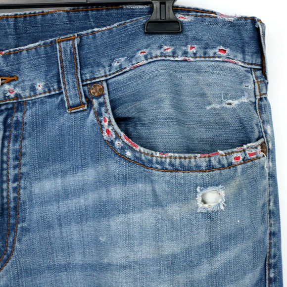 True Religion Jeans Mens 40 x 34 Waist Blue Denim Skinny Flap Pockets Distressed - Picture 9 of 16